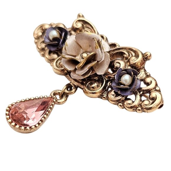 1928 Brand Rose Bar Brooch Faux Pearl Victorian Style Pink Pear Dangle Pin C903 - Picture 4 of 7